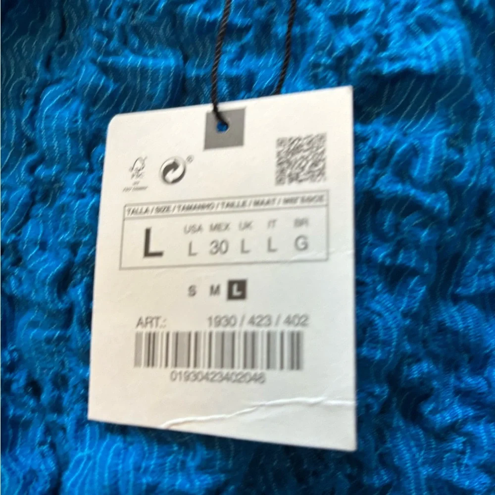 ZARA Cobalt Blue Textured Balloon Puff Sleeve Crop Top Boho Size Large NWT - Picture 7 of 11
